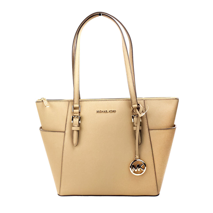 Charlotte Camel Grote Leren Top Zip Tote Tas Tas