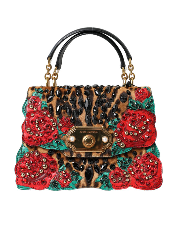 Elegante bolso de mano adornado con leopardo y rosas rojas