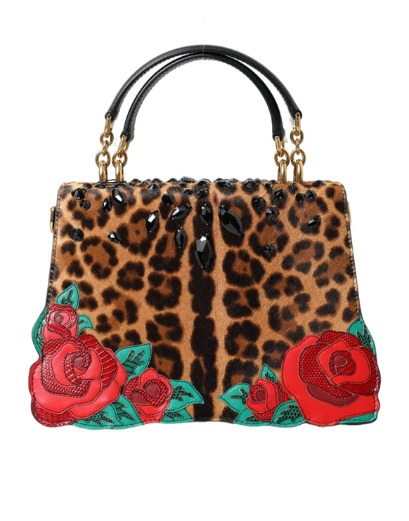 Elegante bolso de mano adornado con leopardo y rosas rojas