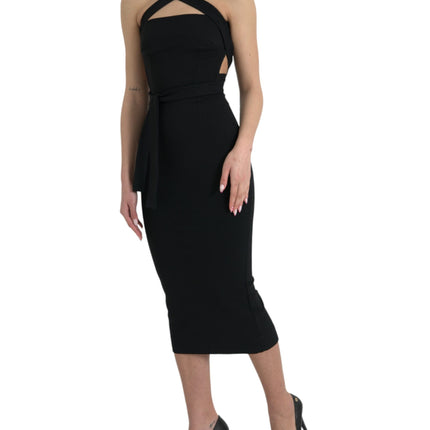 Élégant robe midi licou de gaine noire