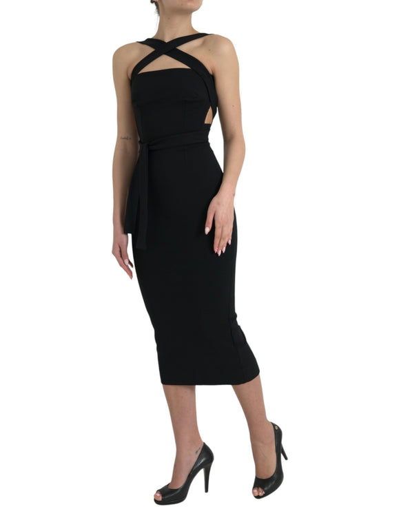 Élégant robe midi licou de gaine noire