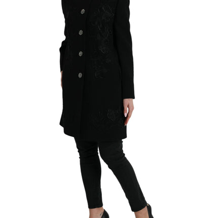 Elegant Floral Buttoned Wool Trench Coat