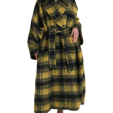 Chic Checkered Long Trench Coat in Sunny Yellow