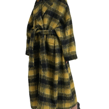 Chic Checkered Long Trench Coat in Sunny Yellow