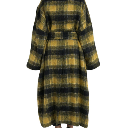 Chic Checkered Long Trench Coat in Sunny Yellow