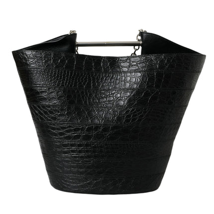 Elegant Black Crocodile Leather Maxi Bucket Bag