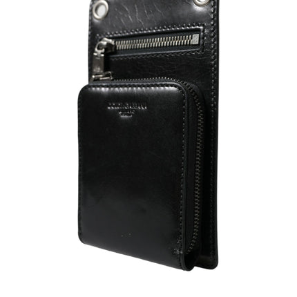 Black Calf Leather Zip Logo Shoulder Neck Strap Wallet