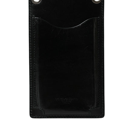 Black Calf Leather Zip Logo Shoulder Neck Strap Wallet