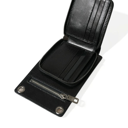 Black Calf Leather Zip Logo Shoulder Neck Strap Wallet