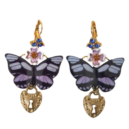 Gold Purple Crystal Butterfly Heart Locket Earrings