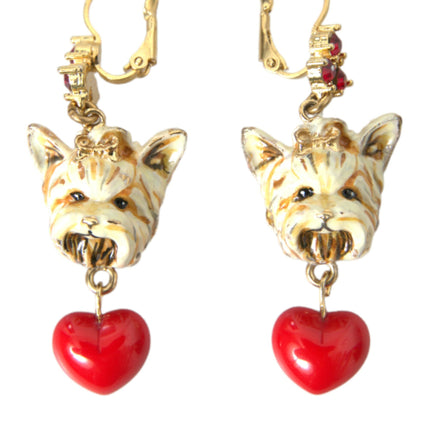 Gold Brass Heart Dog Red Crystal Dangling Earrings