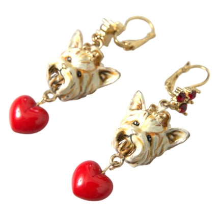 Gold Brass Heart Dog Red Crystal Dangling Earrings