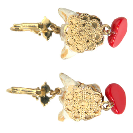 Gold Brass Heart Dog Red Crystal Dangling Earrings