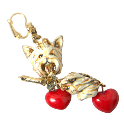 Gold Brass Heart Dog Red Crystal Dangling Earrings