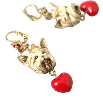 Gold Brass Heart Dog Red Crystal Dangling Earrings