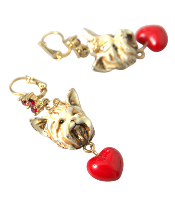 Gold Brass Heart Dog Red Crystal Dangling Earrings