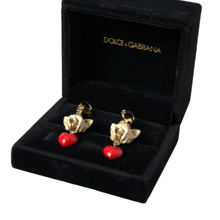 Gold Brass Heart Dog Red Crystal Dangling Earrings