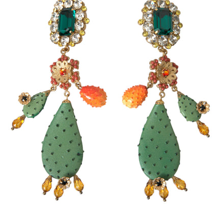 Green Cactus Crystal Clip On Jewelry Dangling Earrings