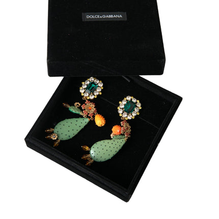 Green Cactus Crystal Clip On Jewelry Dangling Earrings