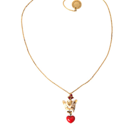 Gold Brass Chain Dog Heart Pendant Charm Necklace