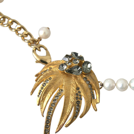 Gold Brass Crystal Pearl Tree Pendant Charm Necklace