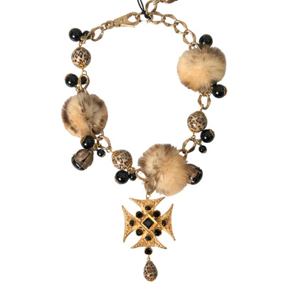 Gold Black Crystals Lapin Fur Filigree Chocker Necklace