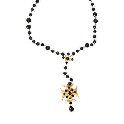 Gold Tone Brass Cross Black Beaded Chain Rosary Necklace