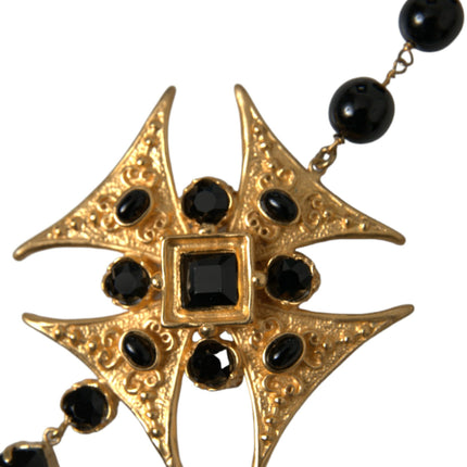 Gold Tone Brass Cross Black Beaded Chain Rosary Necklace