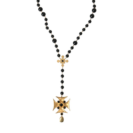 Gold Tone Brass Cross Black Beaded Chain Rosary Necklace