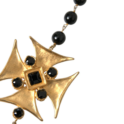 Gold Tone Brass Cross Black Beaded Chain Rosary Necklace