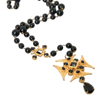 Gold Tone Brass Cross Black Beaded Chain Rosary Necklace