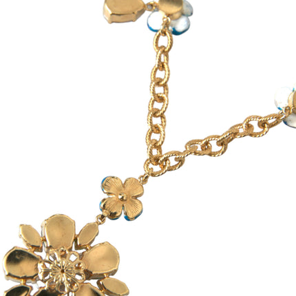 Gold Brass Chain Crystal Floral Pendant Charm Necklace