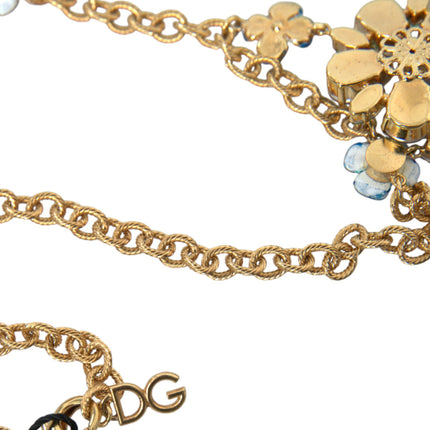 Gold Brass Chain Crystal Floral Pendant Charm Necklace