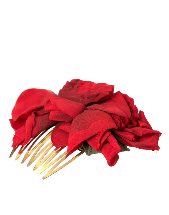 Pettine per capelli da donna in seta rossa con fiori d'oro e ottone