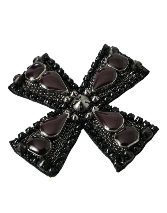 Broche à broches croisées ornées de cristaux noirs