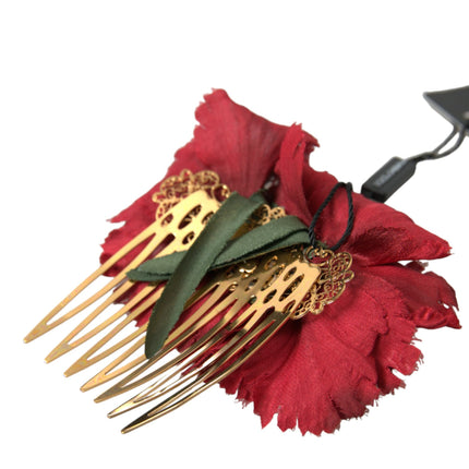 Pettine per capelli da donna in seta rossa con fiori d'oro e ottone