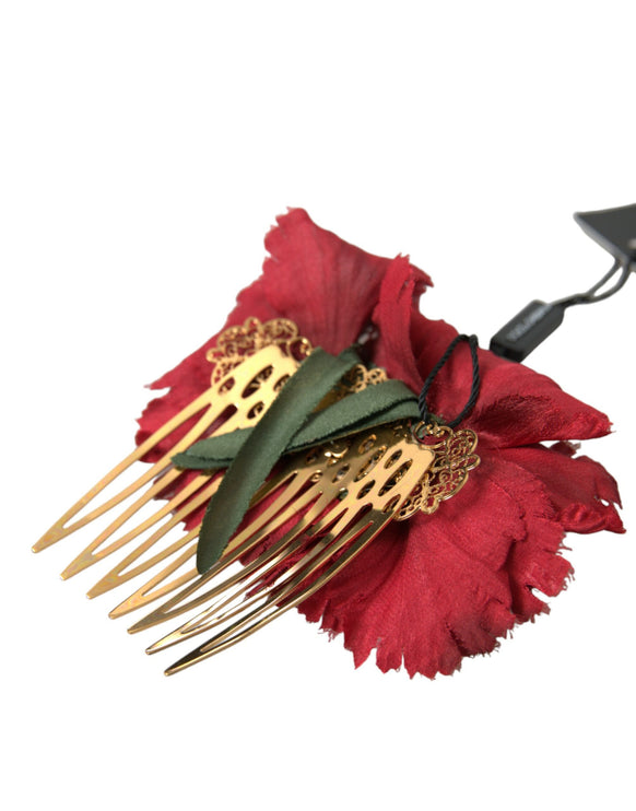 Pettine per capelli da donna in seta rossa con fiori d'oro e ottone