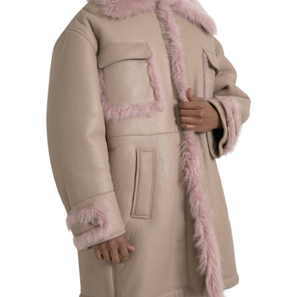 Chaqueta de pelaje de cuero de cuero de cordero rosa beige