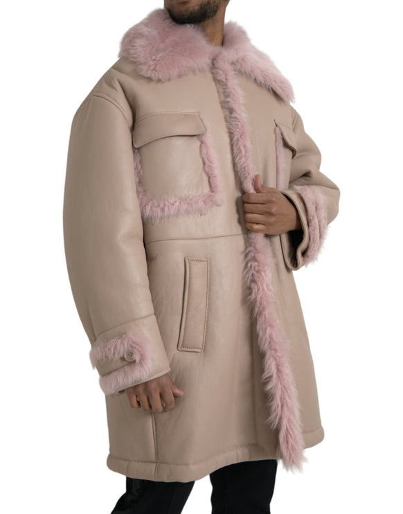 Chaqueta de pelaje de cuero de cuero de cordero rosa beige