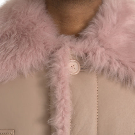 Chaqueta de pelaje de cuero de cuero de cordero rosa beige