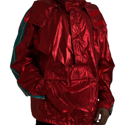 Red Nylon Hooded Pullover Sweatshirt Jacket