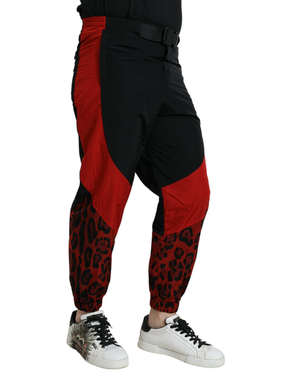 Pantalones de jogger de nylon de estampado de leopardo rojo negro