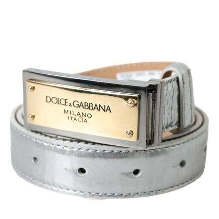 Silver Leather Metal Logo Buckle Belt Men