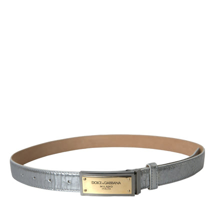 Silver Leather Metal Logo Buckle Belt Men