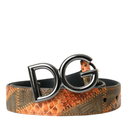 Patchwork Python Leather Logo Buckle Belt Men