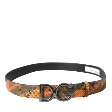 Patchwork Python Leather Logo Buckle Belt Men