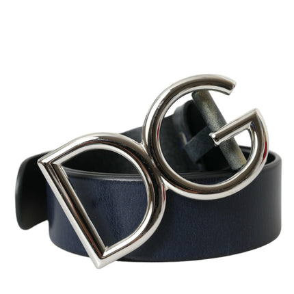 Blue Leather Silver Metal Logo Buckle Belt Men