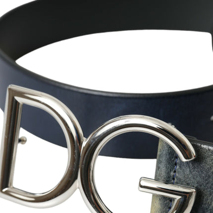 Blue Leather Silver Metal Logo Buckle Belt Men