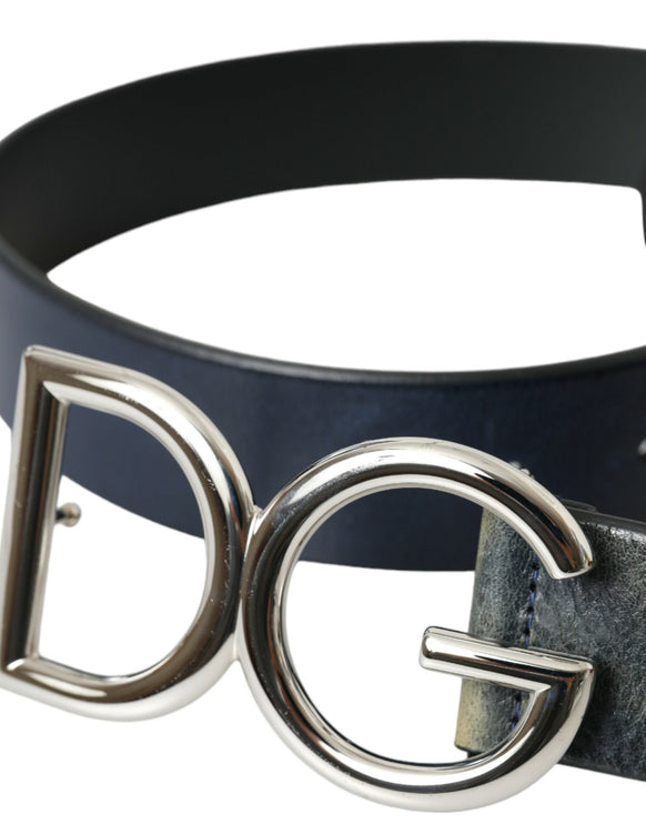 Blue Leather Silver Metal Logo Buckle Belt Men