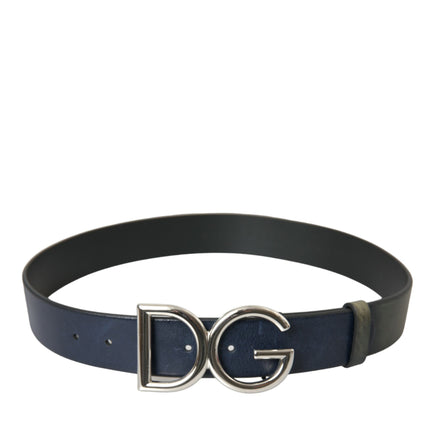 Blue Leather Silver Metal Logo Buckle Belt Men